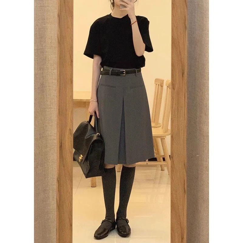 灰色百褶半身裙中长款女复古高腰显瘦遮胯2025新款韩版中裙学院风