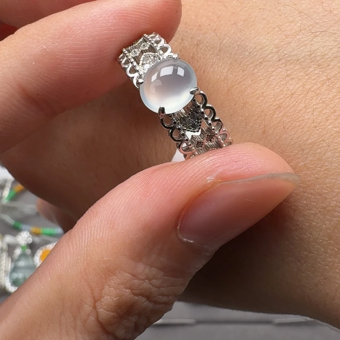 可***甜翡翠银S925镶嵌戒指天然缅甸翡翠A货