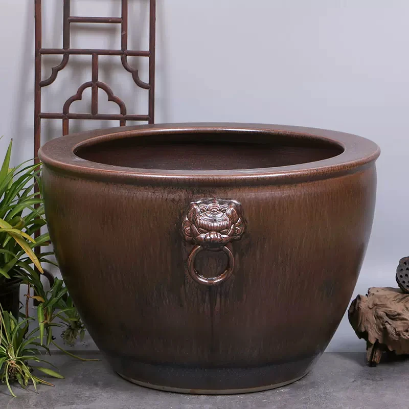 《古铜狮耳40*25》景德镇陶瓷缸古法养鱼缸乌龟复古庭院大缸仿古