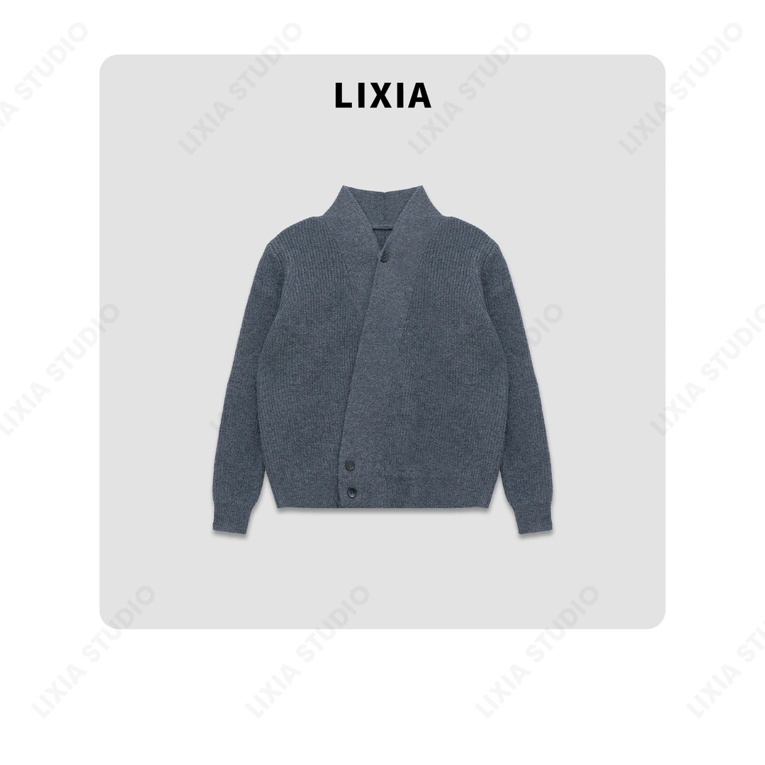 LIXIA【纽芬兰】纯绵羊毛错位不对称设计款北欧灰V领高弹毛衣-A8136