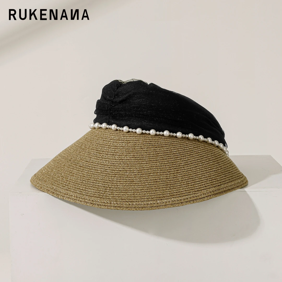 鹿可娜娜RUKENANA春夏防晒珍珠手工编织法式网纱蕾丝空顶帽草帽