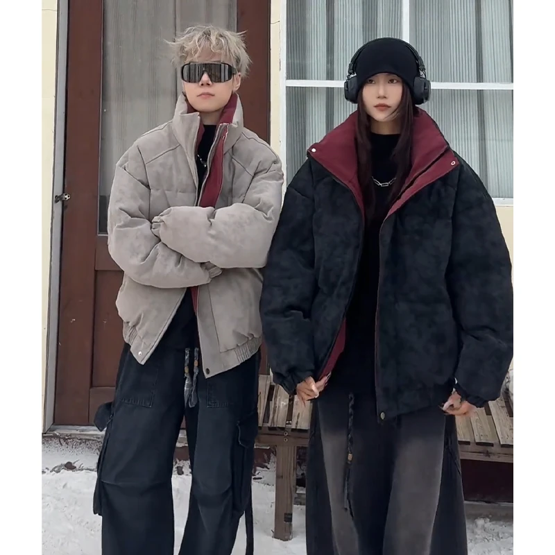 黑色脏染立领PU皮棉服男女冬季撞色拼接短款面包服加厚保暖外套