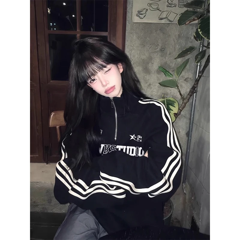 半拉链字母休闲印花卫衣女秋冬2025新款宽松加绒加厚三条杠上衣