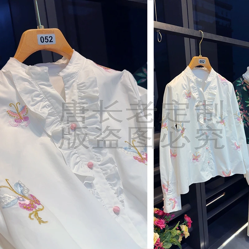 【洋娃娃】新中式国风洋气花边V领蝴蝶刺绣宽松白色开领衬衫上衣