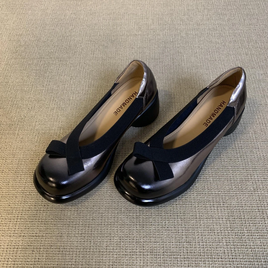 34-42有大码略加宽5cm方头粗跟蝴蝶结单鞋春季女甜酷小皮鞋