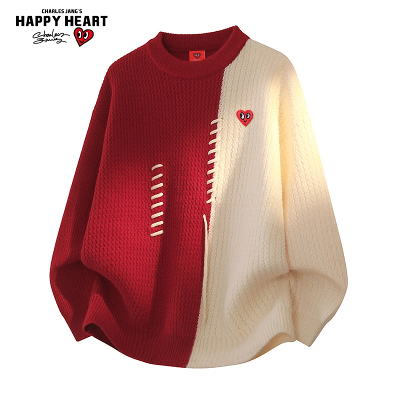 查尔斯桃心美式撞色抽绳设计毛衣男女圆领秋冬季新款潮牌情侣上衣