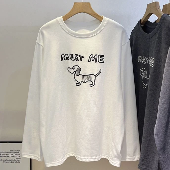 2025早秋新款腊肠小狗刺绣韩系ins百搭胖mm长袖T恤打底衫女上衣