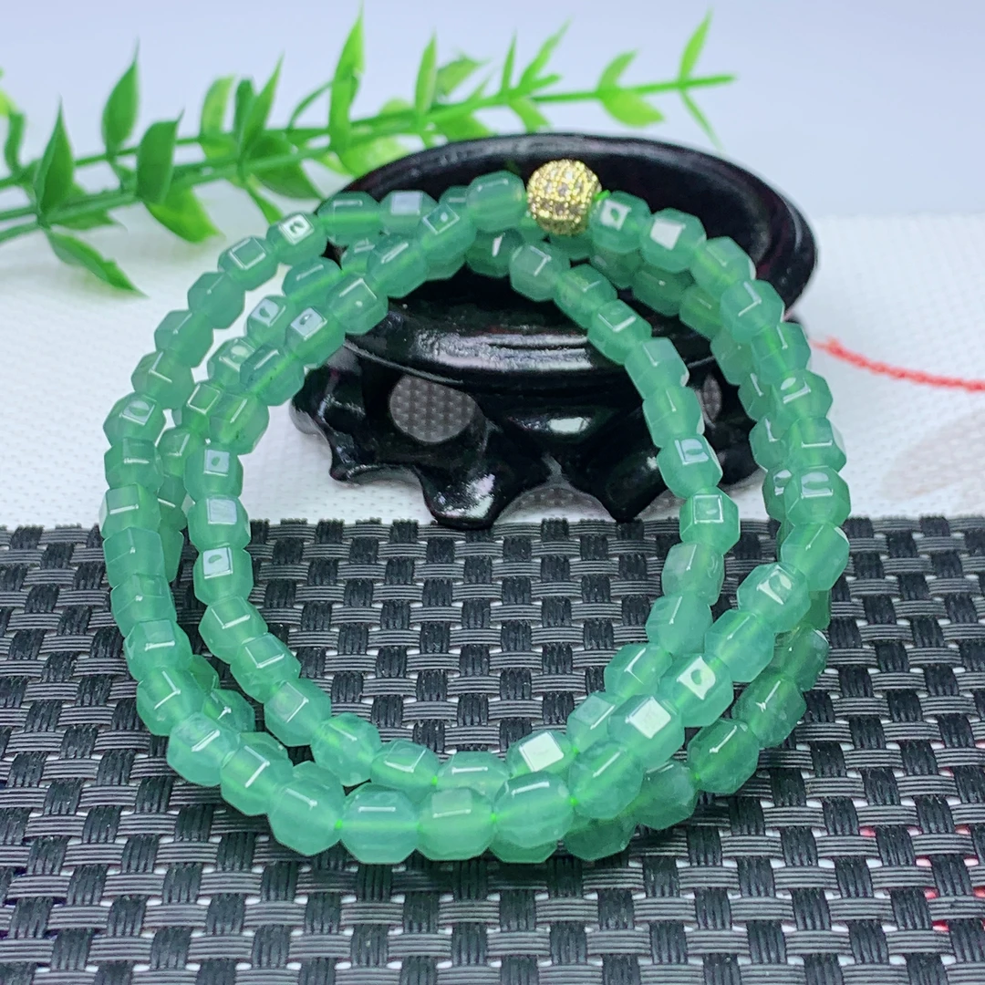 天然A货翡翠 菠菜绿路路通项链 珠大5+mm 98颗 02