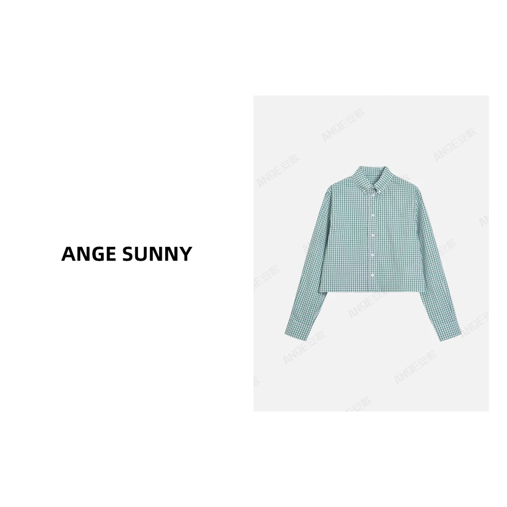 ANGE SUNNY【徽标格纹衬衫】翡翠绿色字母翻领单排扣格子上衣