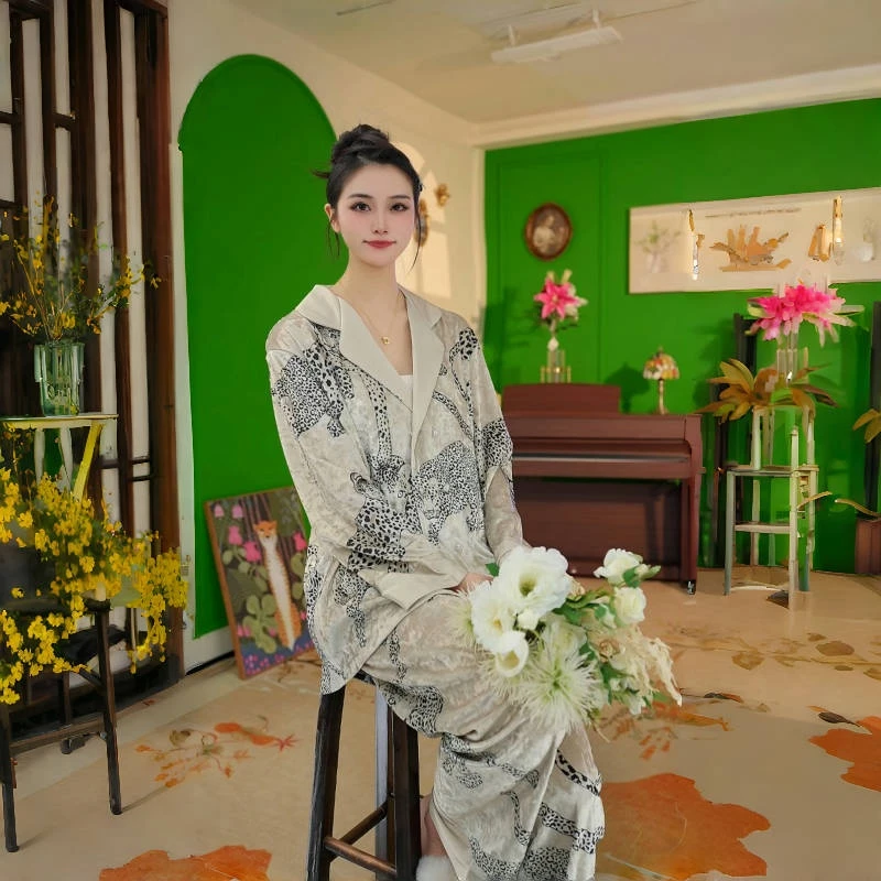 【娇人周末】秋冬豹纹法式轻奢印花金丝绒睡衣套装家居服可外穿