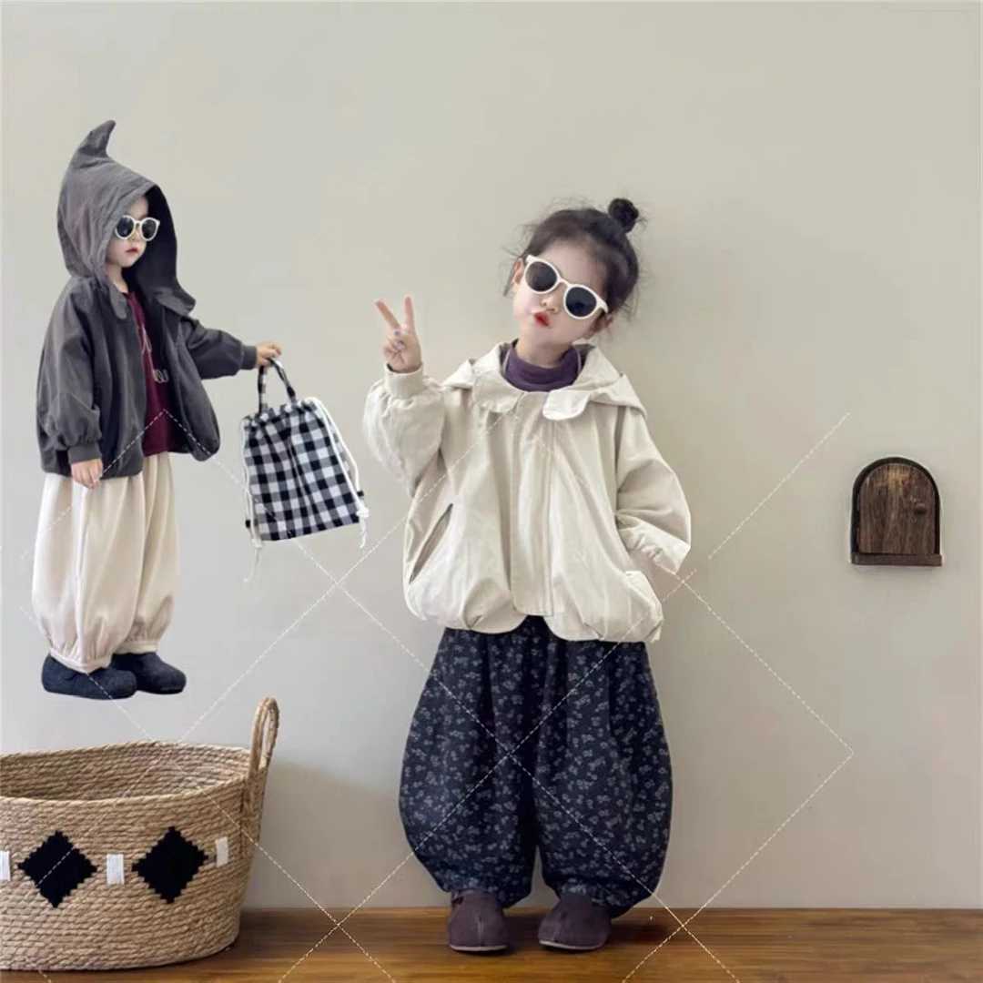 爆款韩国童装2025秋季女童复古中性可爱休闲连帽外套夹克上衣潮