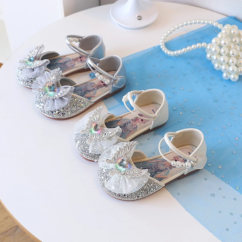 女童公主凉鞋水钻爱莎超软2025春夏新款洋气古风蝴蝶结宝宝单鞋