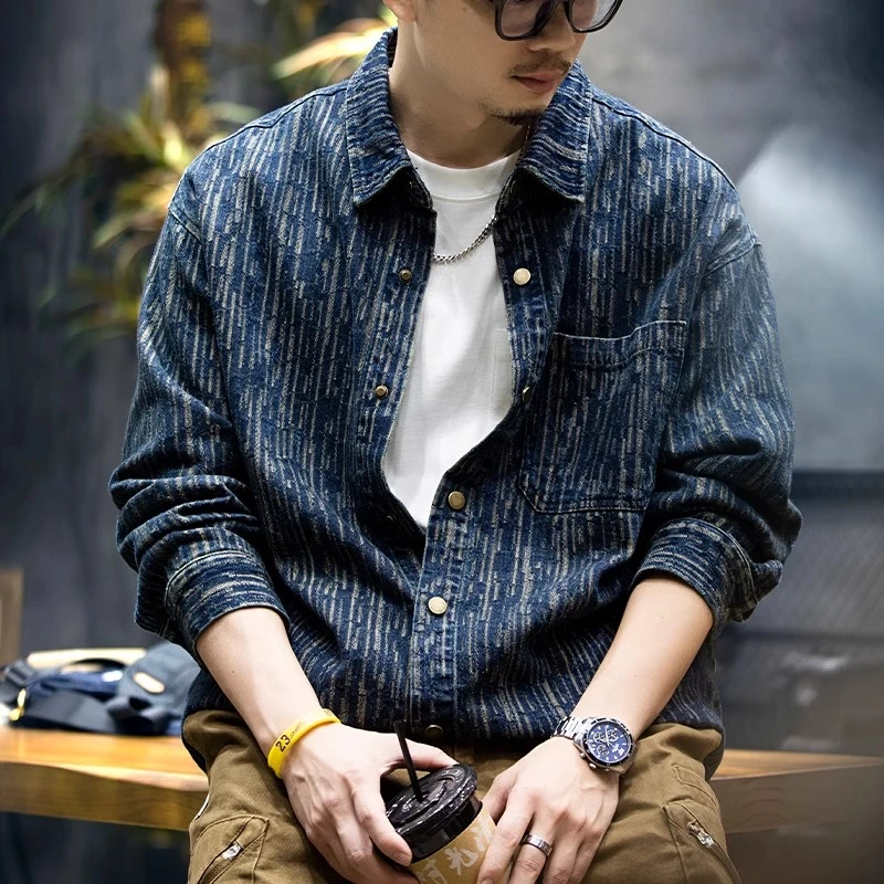 美式复古牛仔衬衫男长袖秋季新款潮牌宽松休闲工装衬衣男士外套潮