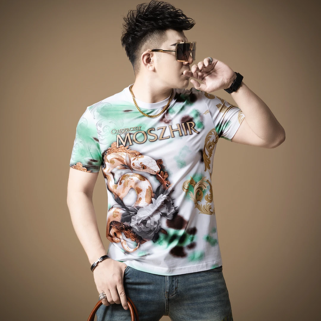 夏季新款时尚修身重磅欧美毒蛇个性印花潮流男士百搭圆领短袖t恤