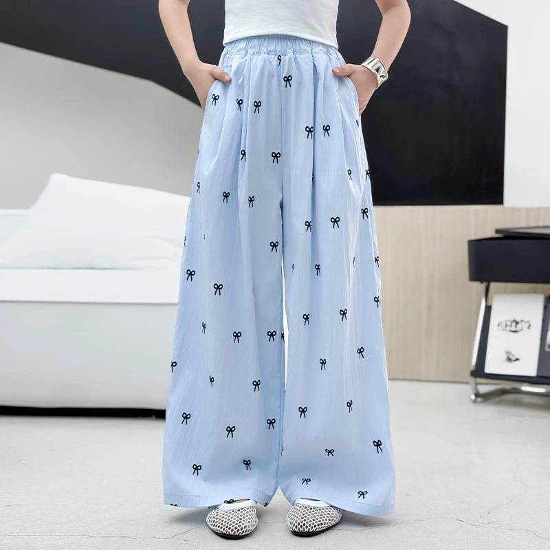 女童蝴蝶结阔腿裤薄款2025春夏儿童冰丝防蚊裤初中生山本裤直筒裤
