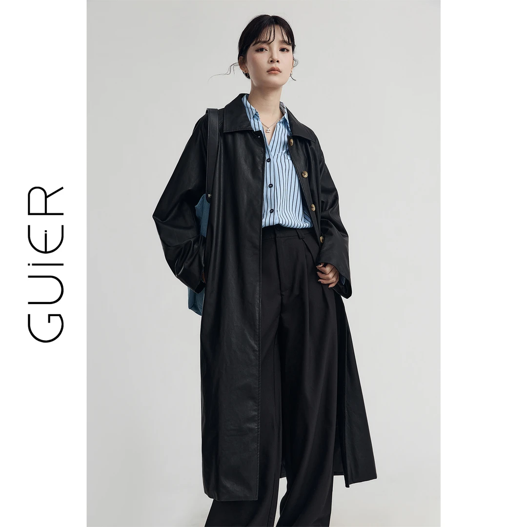 GUIER/桂儿 中长款皮衣外套女春季2025小众高级感宽松大衣G4246