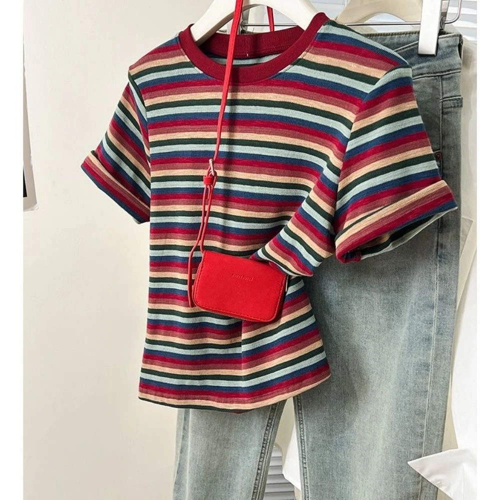 夏季大码韩版撞色彩虹条纹短袖T恤女百搭圆领体恤显瘦上衣妈妈装