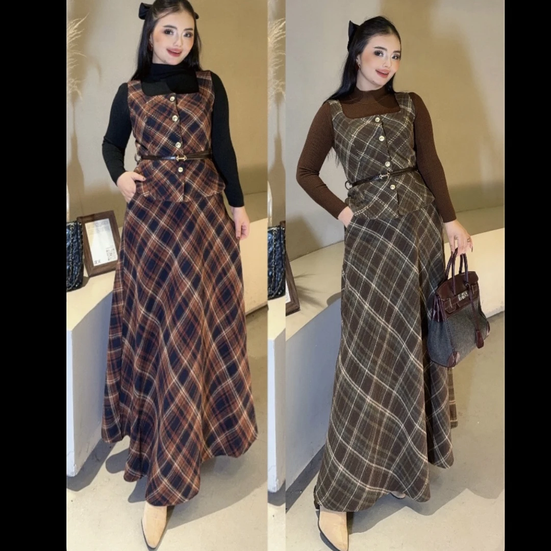 Rayhon四件套秋冬法式复古针织衫搭配毛呢格子马甲与格纹高腰半