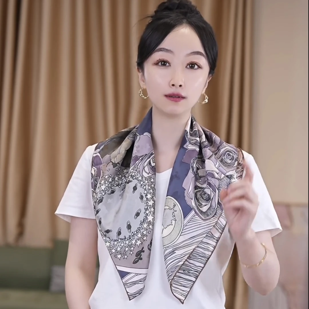 花萝100纯桑蚕丝65小方巾真丝围巾女款夏空调房护颈丝巾蓝紫玫瑰