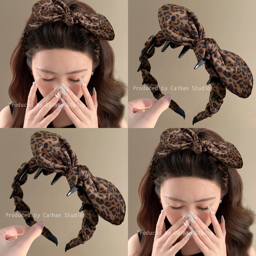 危险美豹~豹纹立体蝴蝶结发箍韩版时髦高级感带齿洗脸头箍盘发器