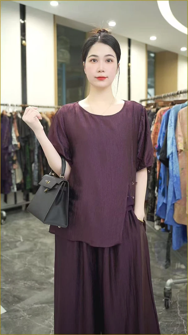 夏款上新【梦见】时尚大码洋气气质宽松上衣裤子套装-75857#-紫