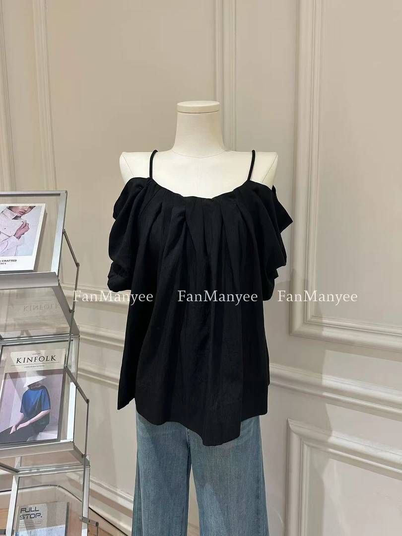 【公主日记】夏季韩版气质吊带绑带褶皱泡泡袖短袖上衣