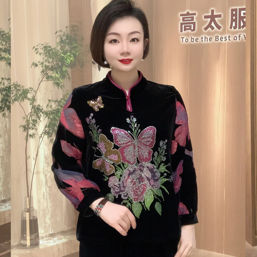 蝶恋花金丝绒烫钻旗袍衫