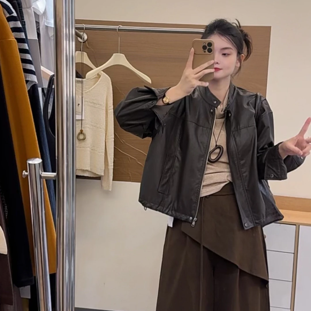 机车女孩皮衣外套  高级感皮衣气质立领常规上衣外套 宽松显瘦