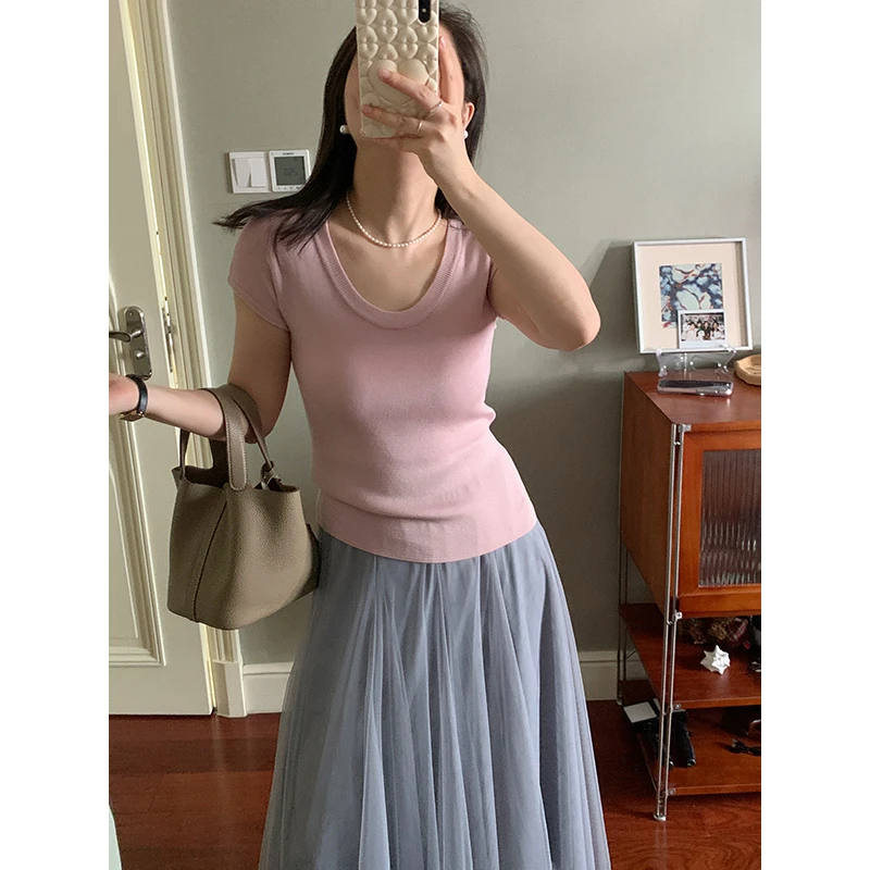 花总吖【极简出街】凉感U领纯欲正肩弹力显瘦针织短袖R425X08865