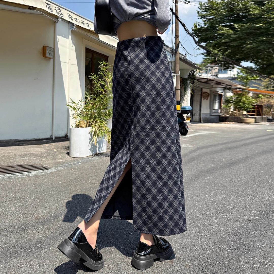 拉夏贝尔复古毛呢格子半身裙女秋冬保暖高腰气质显瘦包臀a字长裙