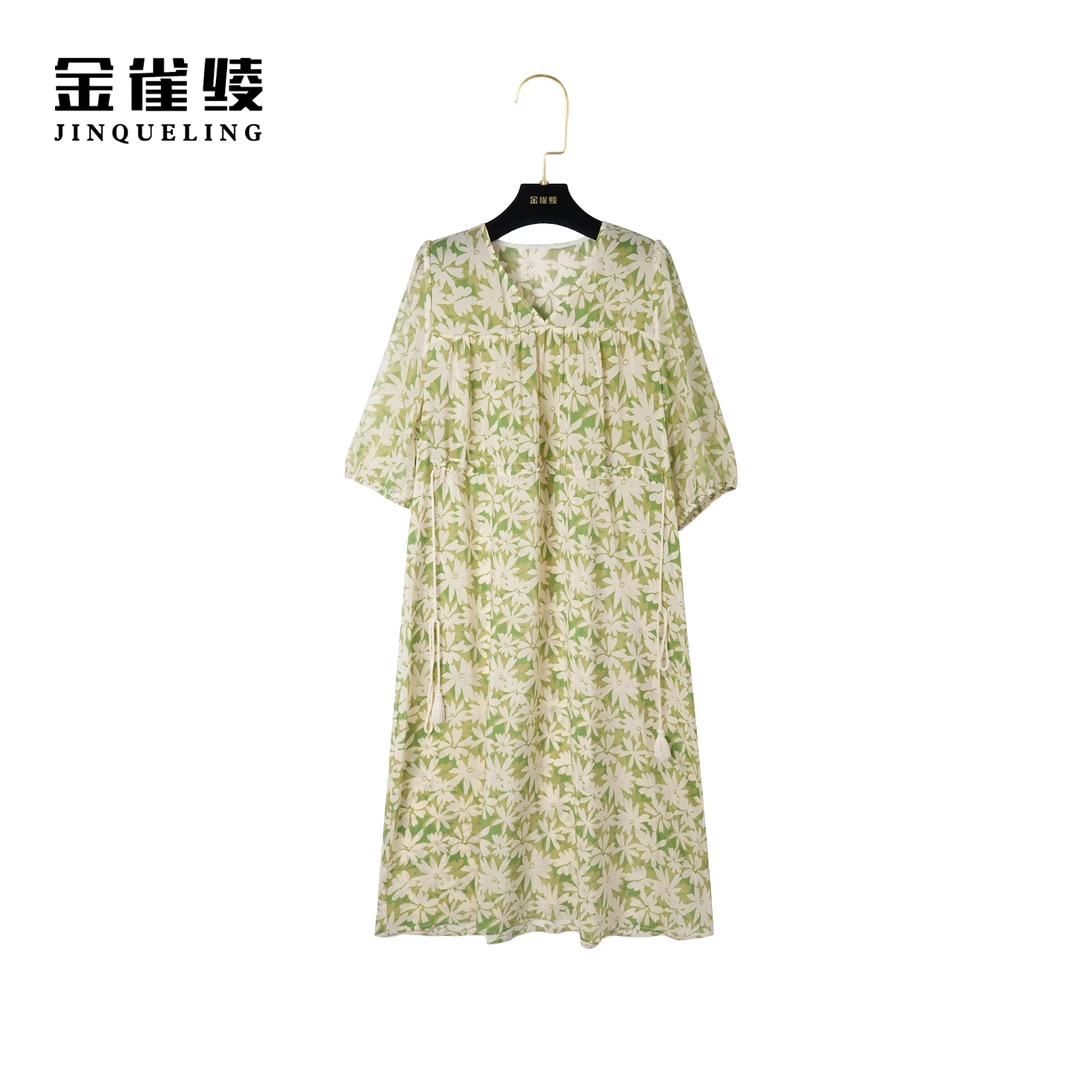 金雀绫【爱丽丝花园】100桑蚕丝碎花显瘦气质舒适宽松连衣裙AL6018
