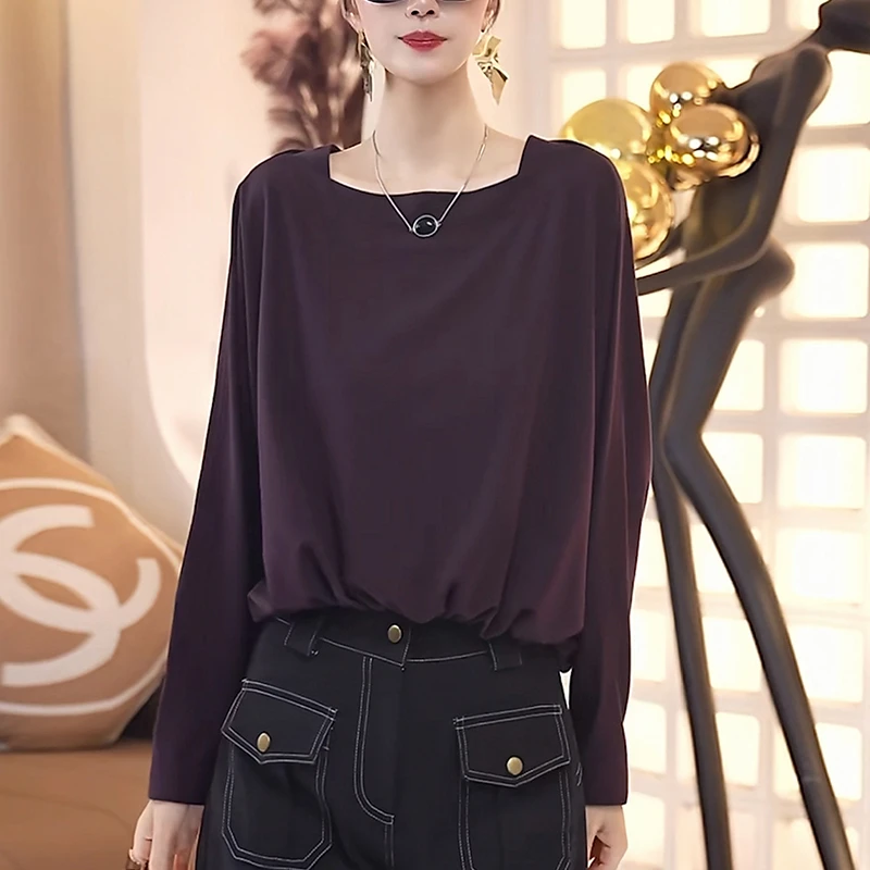 2025秋季新款女士紫色蝙蝠袖T恤宽松显瘦减龄慵懒松弛感方领上衣