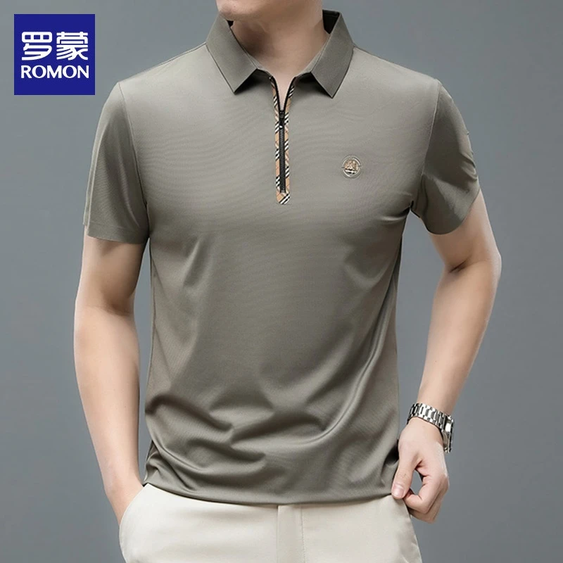 罗蒙高端商务男士短袖Polo衫夏季新款翻领半拉链轻奢痞帅上衣男装