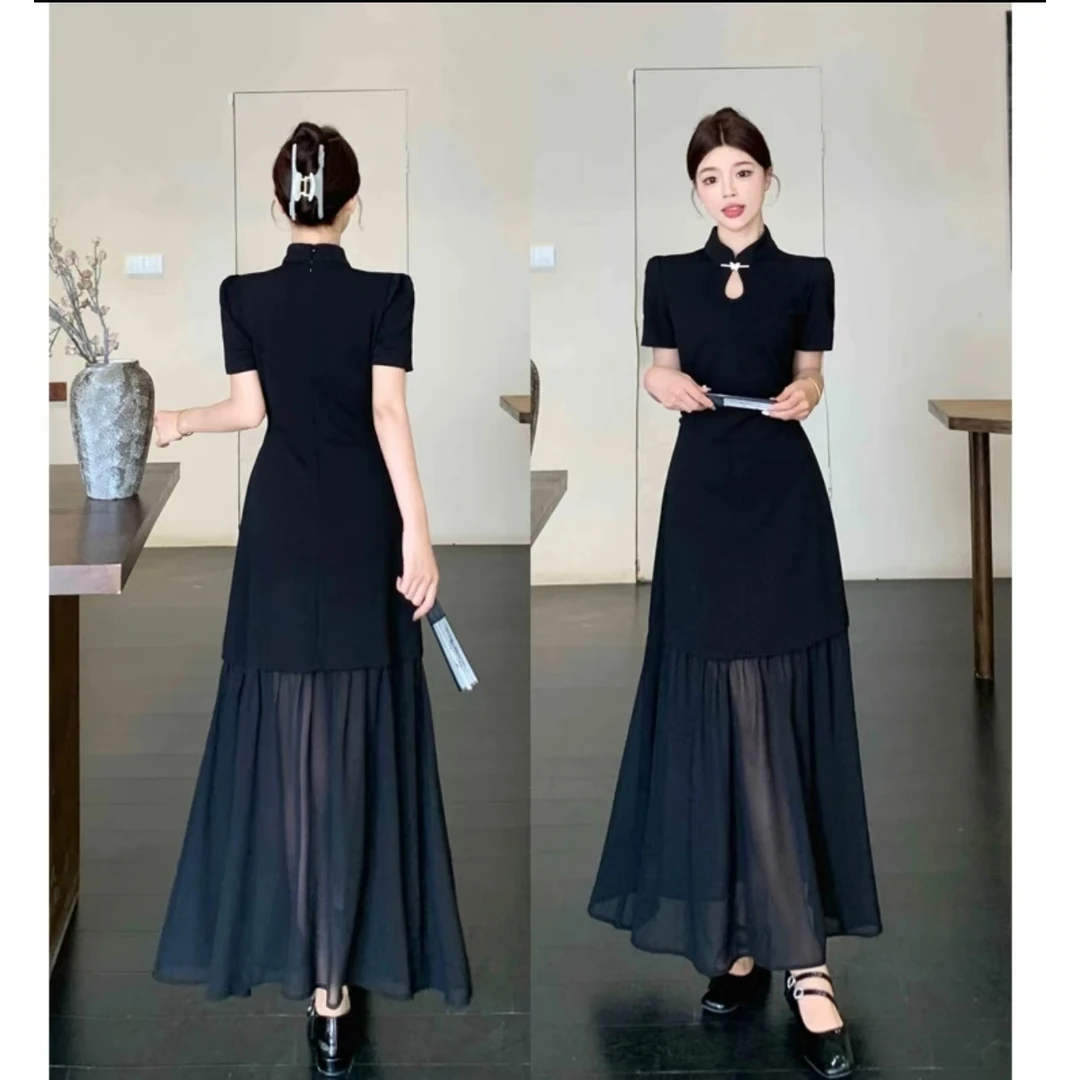 【墨染轻纱】 大码女装新中式国风旗袍裙气质黑色显瘦网纱裙长裙