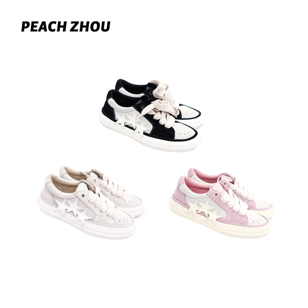 『PEACHZHOU』牛反绒撞色五角星星贴片圆头厚底低帮系带休闲鞋女