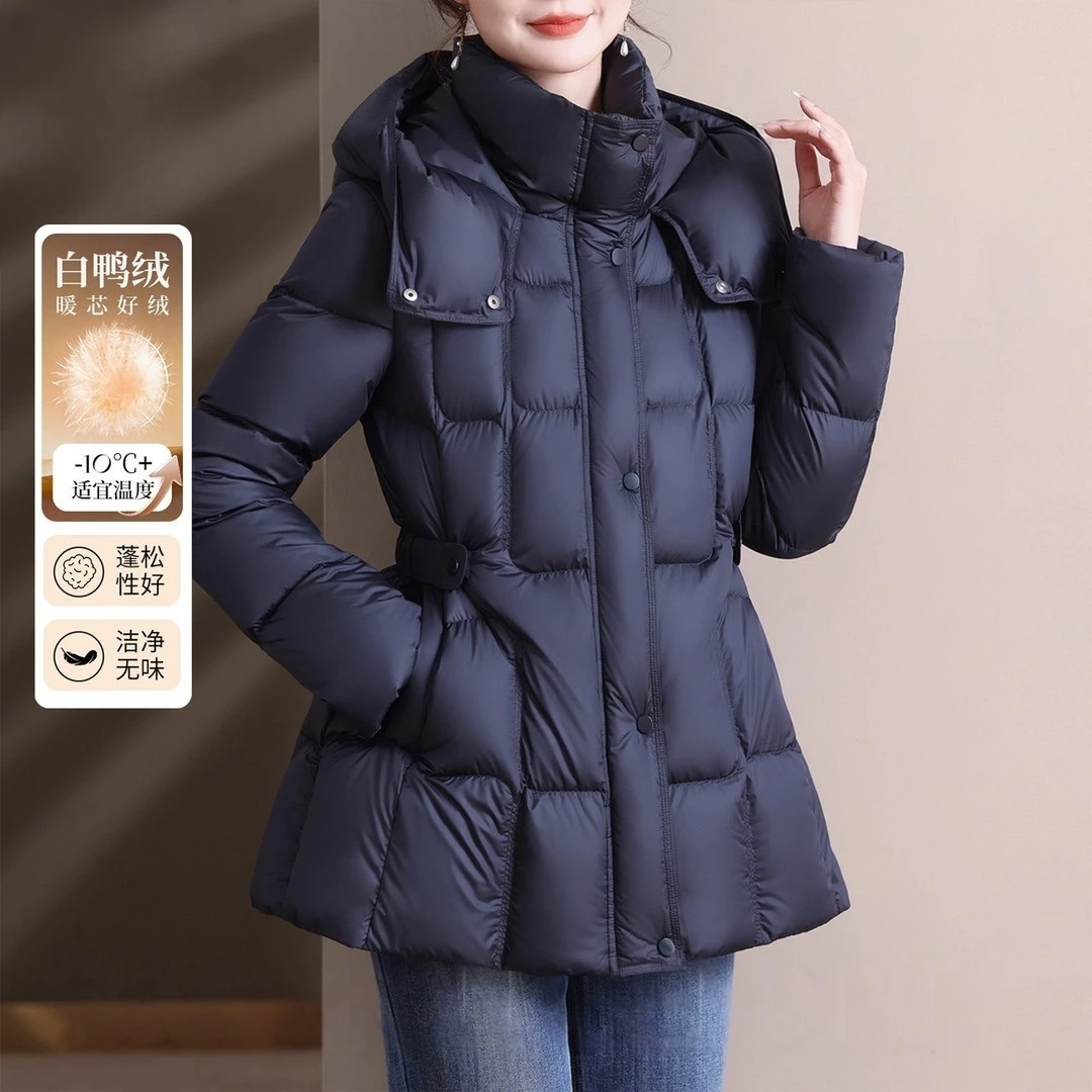 妈妈装冬季连帽外套2025新款中老年人女装修身收腰中长款羽绒服女