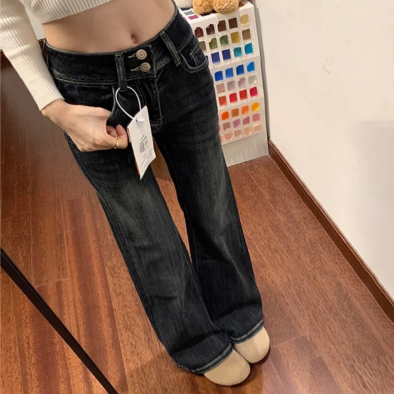 美式复古微喇牛仔裤女2025冬季新款双排扣弹力高腰牛仔裤微喇裤女