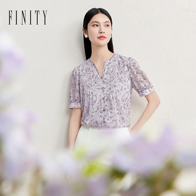FINITY菲妮迪新款衬衫碎花气质衬衣时尚夏季复古泡泡袖印花显瘦