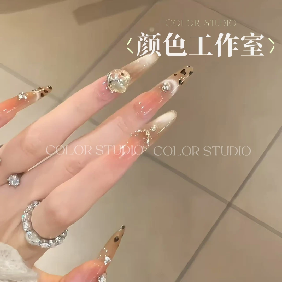 【原野焦糖】千金风爆闪金棕色秋冬豹纹猫眼纯手工显白K9钻穿戴美甲