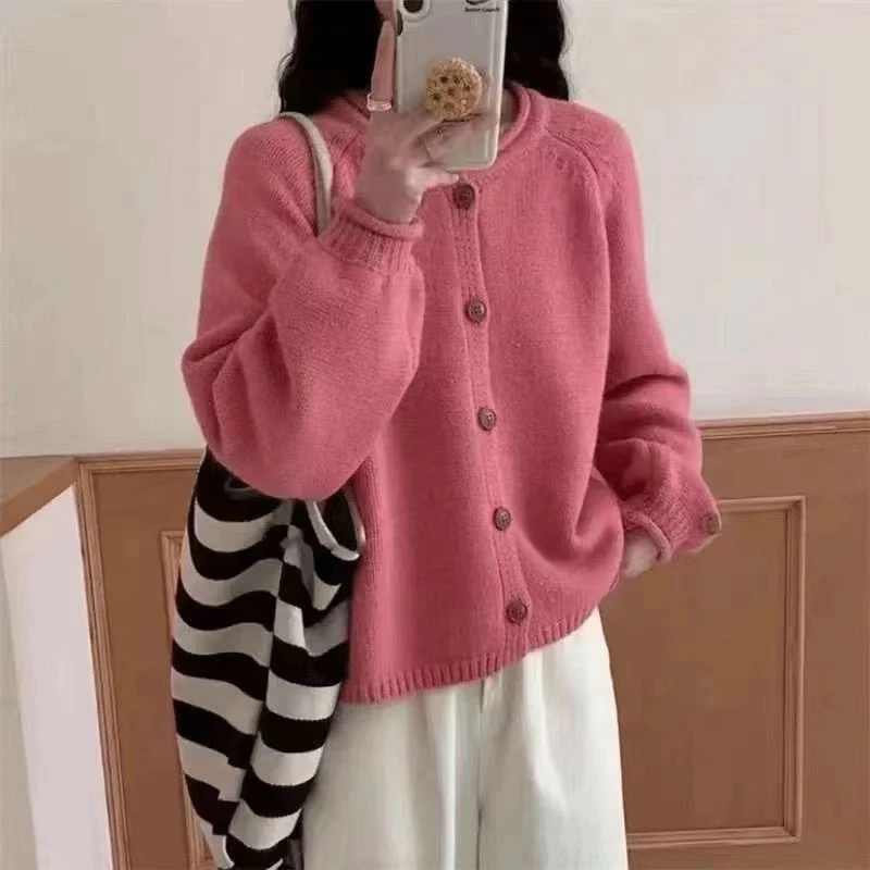 纯色针织开衫款慵懒风女毛针织衫上衣加厚圆领ins