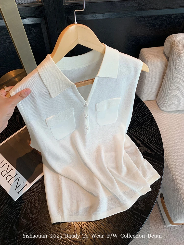 夏新款高级感简约气质百搭V领背心老钱风白色翻领无袖针织上衣女