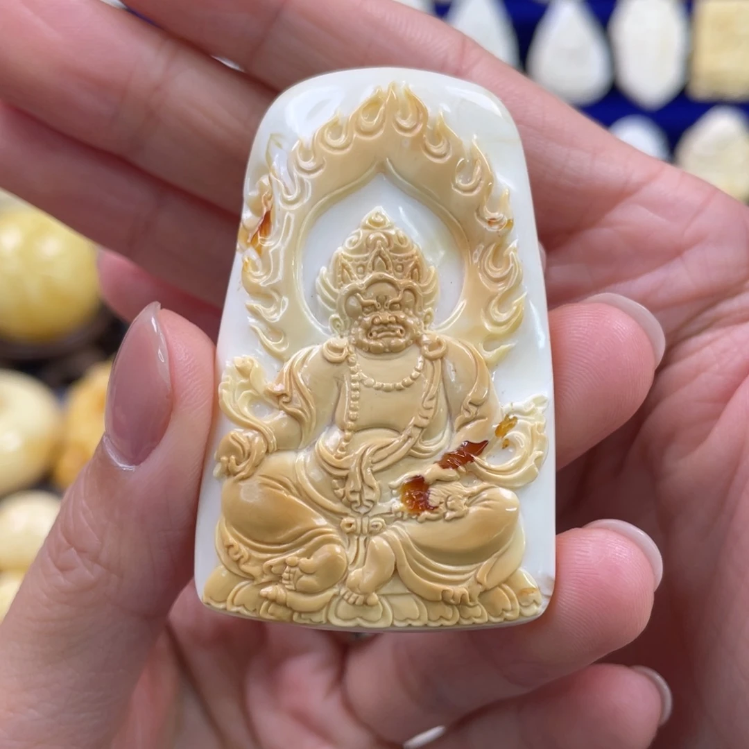 蜜蜡裸石未镶嵌琥珀蜜蜡黄财神吊坠