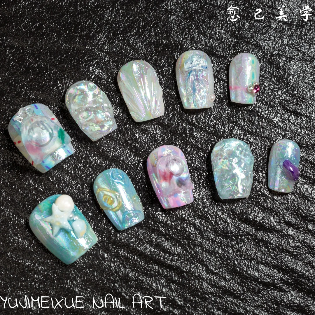 【星海粼梦】冰裂贝壳立体浮雕幻彩渐变高级仙女风夏日爆闪穿戴甲