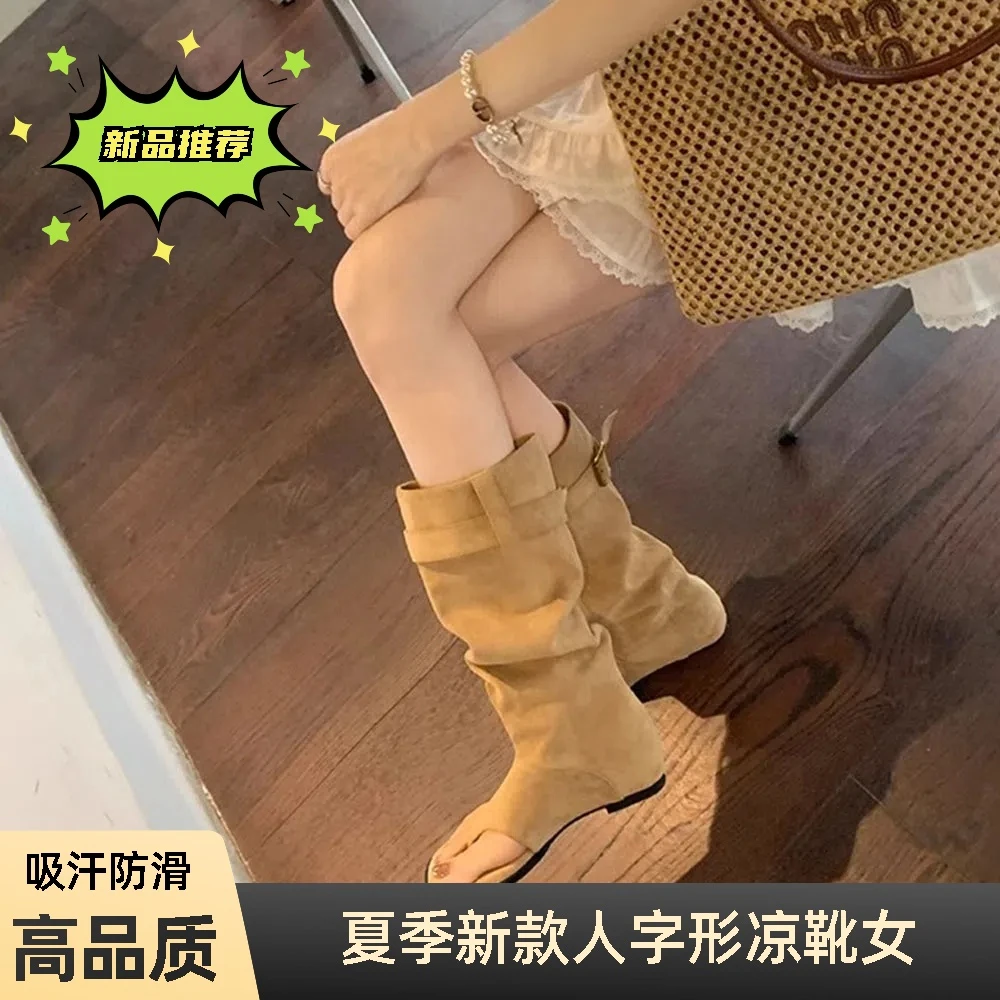 時髦辣妹風露趾顯瘦堆堆中筒靴夾趾凉靴女夏季露脚趾高品质夏季