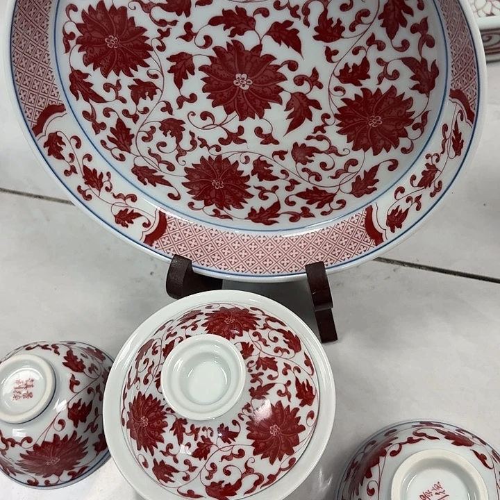 瓷片釉里红缠枝莲5件套景德镇