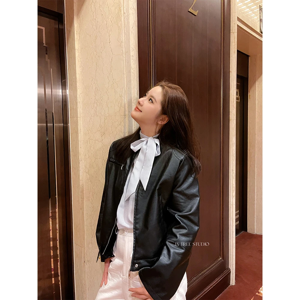 In Tree张桶桶【黑胶唱片】拉链设计款机车皮衣外套ZXL01956