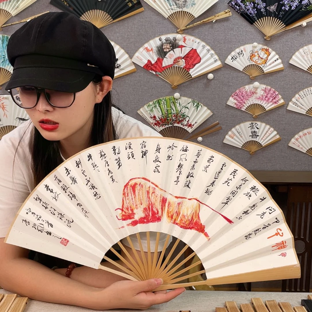 国画10寸玉竹-纯手绘-文玩扇骨（默认粘好）