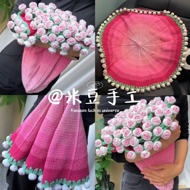 渐变色玫瑰花毯子材料包 玫瑰花毯钩织材料包送闺蜜女友礼物diy