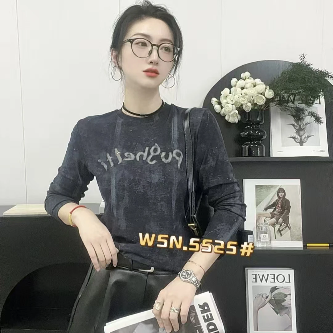 5525秋季新款简约休闲圆领植绒扎染水墨画显瘦百搭上衣打底时尚