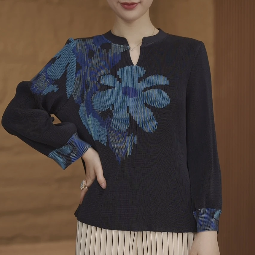 2025秋季新款气质印花原创褶皱上衣#528